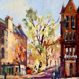 An impressionistic painting depicting a vibrant street scene with buildings, trees, and people under a blue sky. By Joseph Maxwell Stuart